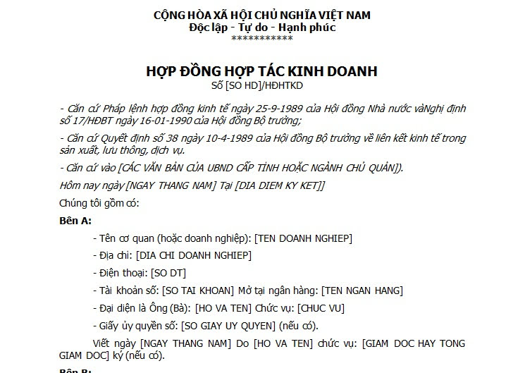 mẫu hợp đồng hợp tác kinh doanh cá nhân